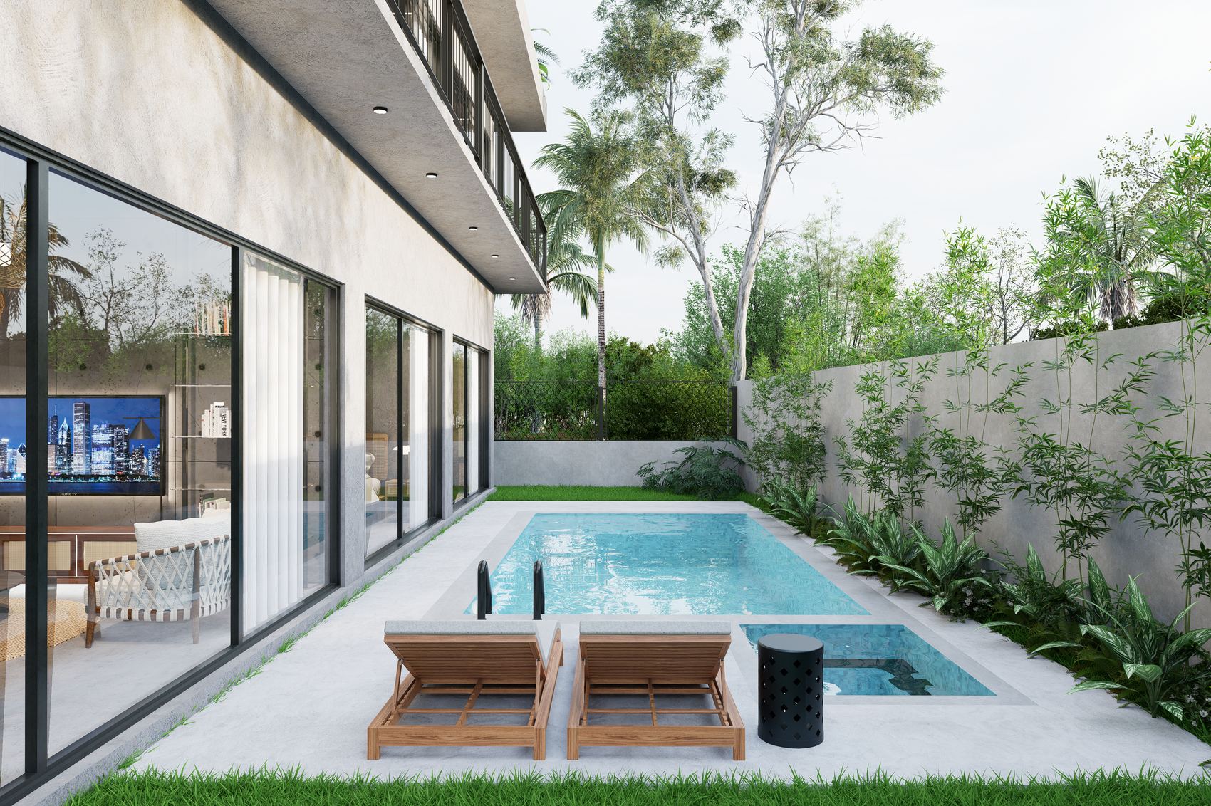 Pool and terrace running the length of the villa