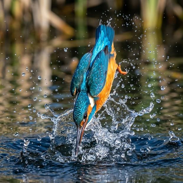 Common Kingfisher diving into the lagoon